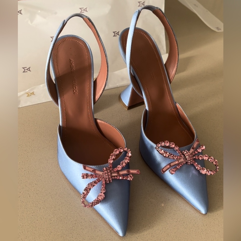 AMINA MUADDI Rosie Satin Sling Heel in Powder Blue & Light Rose Crystals